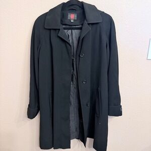 Gallery Petite Womens Black Hooded Trench Coat Button Front Mid Length PM